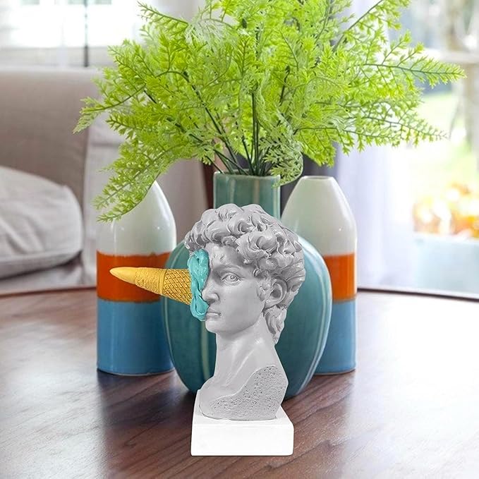6.3 Inch Ice Cream David Head Resin Sculpture Statue for Living Room, Office, Bookshelf, Coffee Table Decorative Statues (Blue)