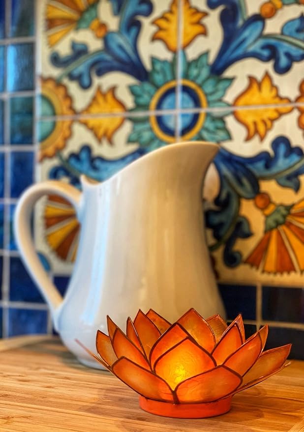 Om Gallery Capiz Shell Lotus Flower Decor Tealight Candle Holder for Serene Ambiance - Handmade Decorative Candle Holders for Meditation, Yoga, and Relaxation, Mango