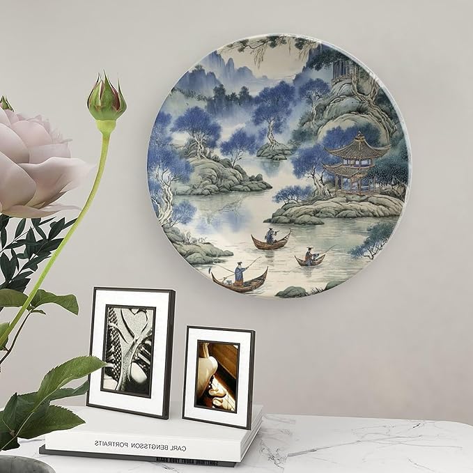 Asian Scenic in Blue And Kelly Green Chinoiserie Ceramic Decorative Plate, Ceramic Ornaments Dessert Plates for Table Kitchen Decor, with 1 Display Stand Art Decorations for Festival Art Decoration