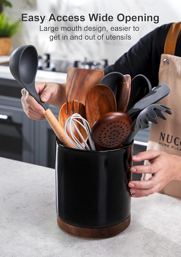 Nucookery 360° Rotating Utensil Holder, 7.2" Large Utensil Crock, White Ceramic Cooking Utensil Organizer with Countertop-Protection Cork Bottom for Farmhouse Kitchen Decor Gift (Black)