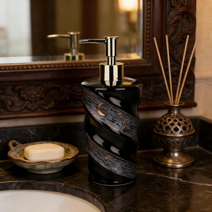 Ceramic Soap Dispenser, Large Capacity Lotion Dispenser with Spiral Galaxy Design - Refillable Press Pump Bottle for Bathroom & Kitchen (14oz, Black)