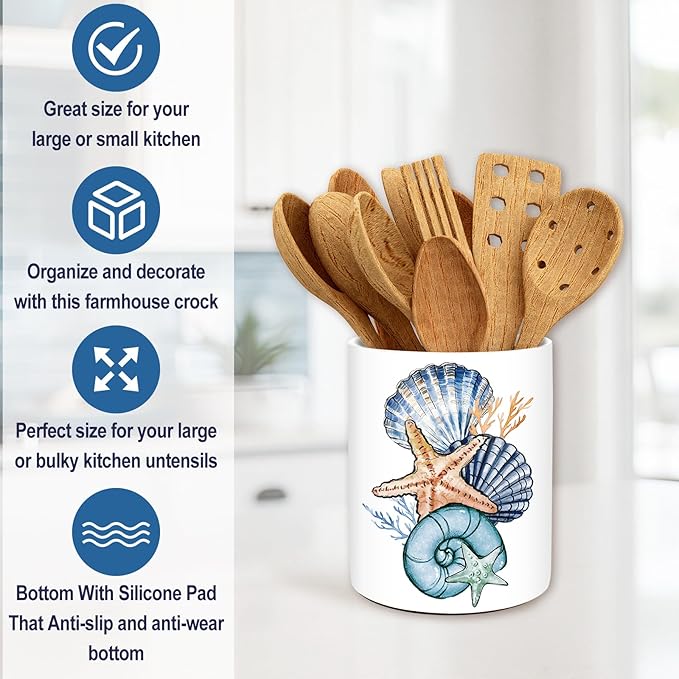 JarThenaAMCS Summer Coastal Ceramic Utensil Holder Starfish Seashell Utensil Crock for Beach Home Kitchen Countertop Storage Organizer Container