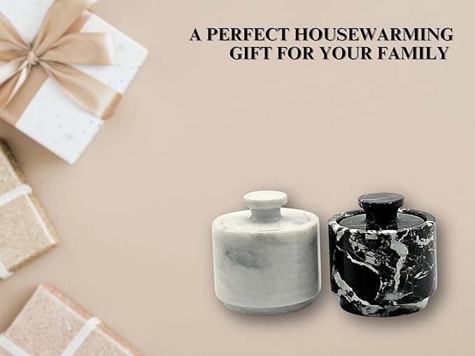 Premium Marble Salt Cellar with Lid 2 Pack | 3.5 oz Kitchen Storage Container | Elegant Cooking Salt Box | Spice Jar Keeper for Counter (White Black Zebra)