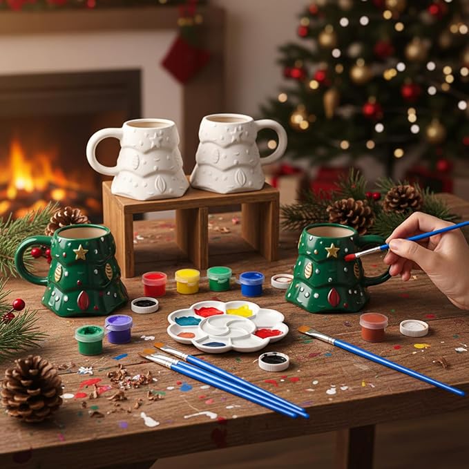 Zubebe 4 Sets Christmas Paint Your Own Mugs Craft Kit, Xmas Ceramic to Paint, Christmas Tree DIY Mugs for Adults, Festive Coffee Tea Cup for Adults with Painting Set for Xmas Craft Family Gift