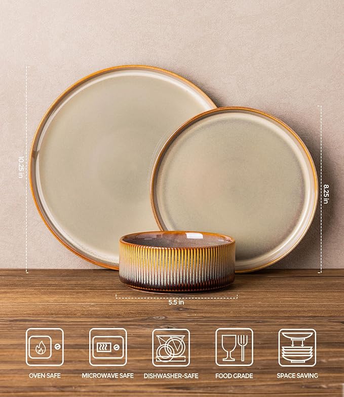 TheTerra Ceramic Dinnerware Sets for 6, 18 Pieces Porcelain Lightweight Plates and Bowls Sets, Scratch Resistant Dish Set, Oven & Microwave & Dishwasher Safe, Creamy Amber