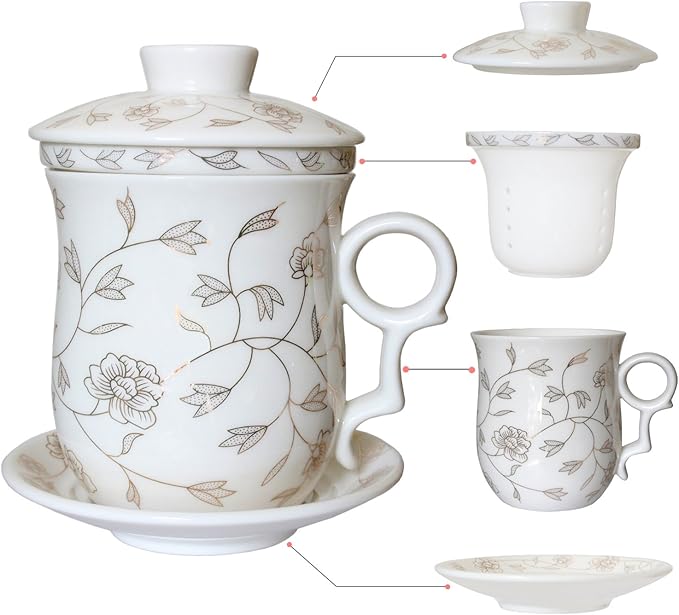 Porcelain Tea Cup with Infuser Lid and Saucer Sets - Chinese Jingdezhen Ceramics Coffee Mug Teacup Loose Leaf Tea Brewing System for Home Office