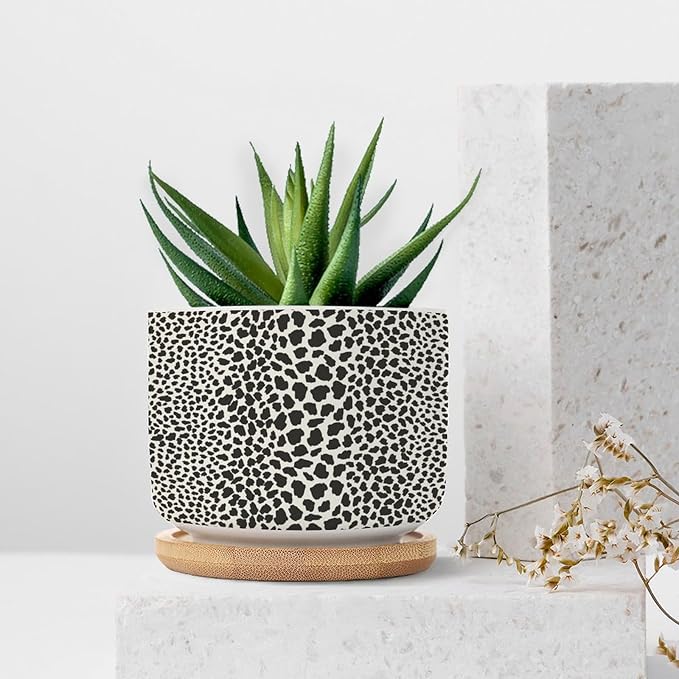 Leopard Print Planter Ceramic African Animal Stripe Round Plant Pot with Drainage Holes and Bamboo Tray Pot for Home Office Desk Garden