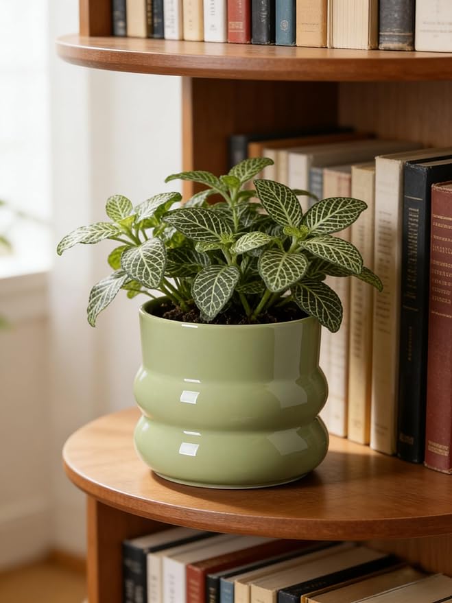 6 Inch Plant Pot,Ceramic Planter Pot with Drainage Hole,Indoor Planters for Herbs Plants,Ceramic Flower Pots for Indoor/Outdoor Plants,Home Office Garden Décor,Green