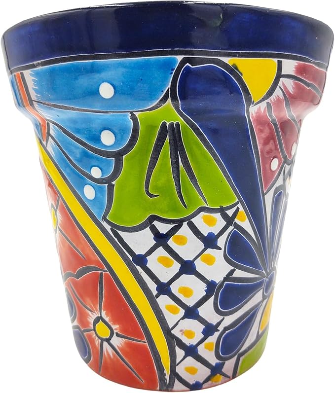 Cactus Canyon Ceramics Talavera Planter, Hand-Painted Mexican Traditional Ceramic Pot with Drainage Hole, Indoor Outdoor Rustic Botanical Terracotta, 7 Inch, Dark Blue Multicolor