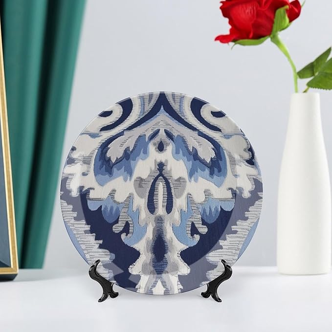 Navy Blue Grey Ikat Plates Ceramic of 6", 7", 9", 10", Personalized Ceramic Ornaments Dessert Plates, Wedding Home Decorations Office, with Display Stand And Hook Up
