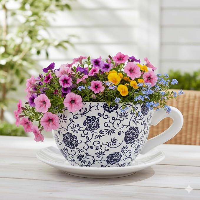 7.5" Ceramic Teacup Planter Pot with Saucer | Ideal for Succulents, Orchids, Herbs & Flowers | Indoor Use| Gift for Valentine's Day, Gift Basket, Sympathy & More – White Blue Floral