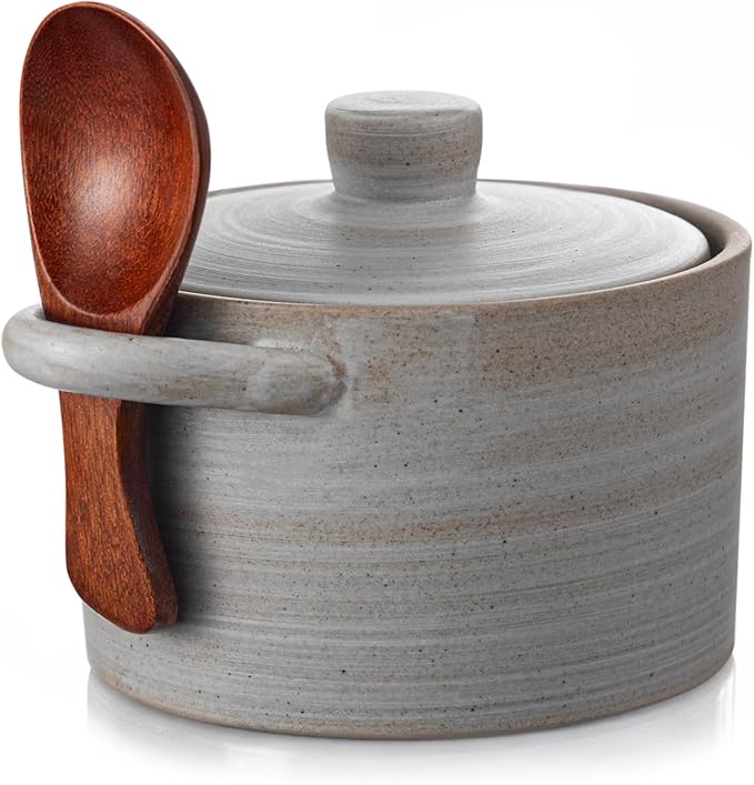 Honeydak Speckled Ceramic Salt Cellar with Lid and Wooden Spoon, Rustic Farmhouse Salt Pepper Cellar Holder for Valentines Day,Housewarming Gift, Heavyweight Spices Jar(Threaded Gray,1 Set)