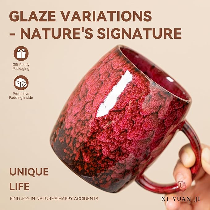Rustic Red Ceramic Coffee Mug 15oz - Handcrafted Artisan Mug with Comfortable Handle, Unique Design for Coffee Lovers, Dishwasher Safe