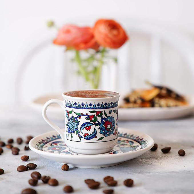 Turkish Coffee Cup Set of 6 with Saucers & Holder – Ceramic, Dishwasher-Safe, Keeps Warm – Patterned Turkish Espresso Cups Set for Home & Office (Set Of 6)