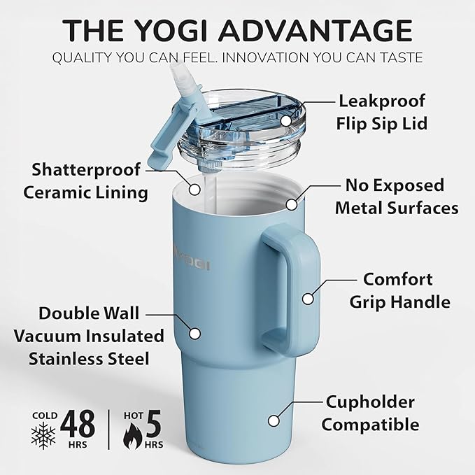 YOGI Ceramic Lined Metal Allergy Safe 24oz Tumbler with Handle and Straw Leakproof Flip & Sip Lid Vacuum Insulated Stainless Steel Travel Cup for Iced Coffee Water and All-Day Hydration 24oz Cielo