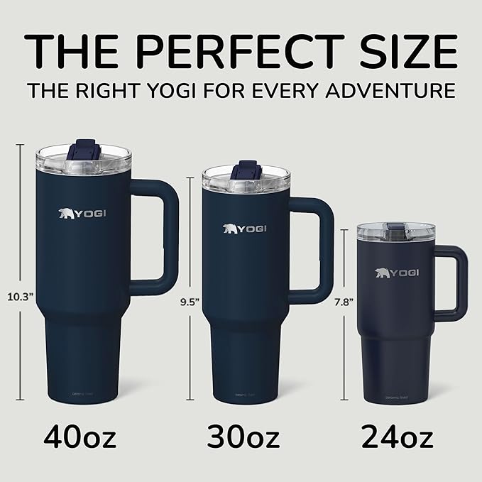 YOGI Ceramic Lined Metal Allergy Safe 40oz Tumbler with Handle and Straw Leakproof Flip & Sip Lid Vacuum Insulated Stainless Steel Travel Cup for Iced Coffee Water and All-Day Hydration 40oz Eclipse