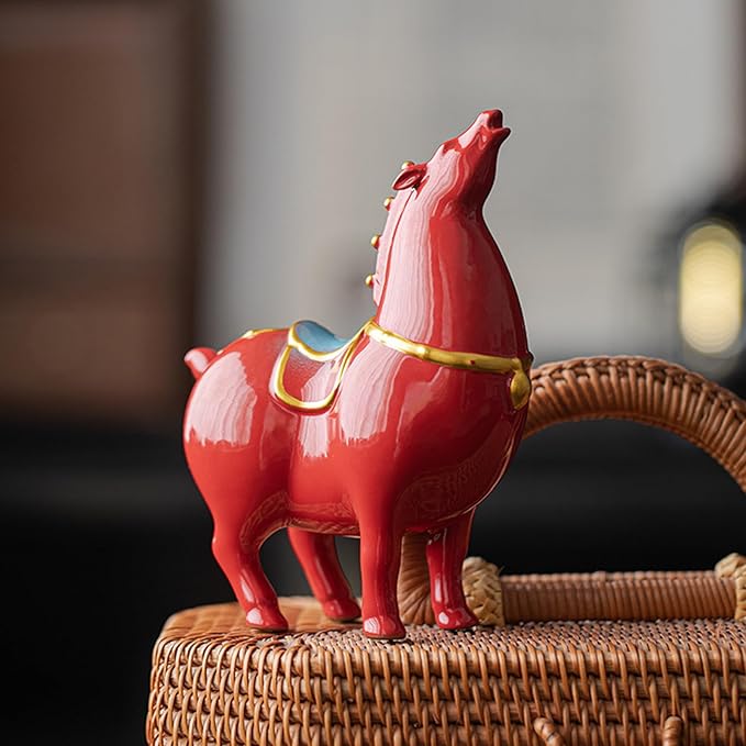 Horse Statue, Ceramic Tang Horse Feng Shui Figurine for Success, Creative Red Horse Sculpture Crafts for Home Office Decor, 5.9" H