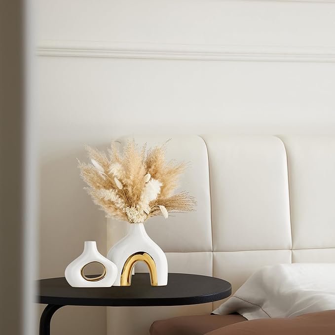 Modern Ceramic Donut Vase: Set of 2 -Minimalist Nordic White and Gold Hollow Vase Home Decor for Kitchen Dining Table Centerpieces Living Room Bederoom Entryway Wedding