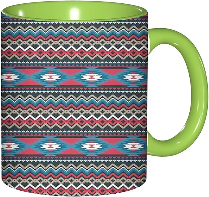 Antique,Ceramic Coffee Mug, Striped Antique Mayan Patterns, Funny Tea Cup, 6 Colors to Choose, 11 Oz, Dishwasher and Microwave Safe (Green)