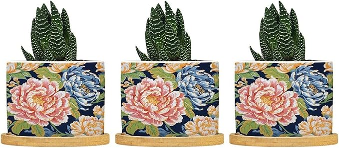 Bright and Chinoiserie Planter Ceramic Coral Peony Floral Round Plant Pot with Drainage Holes and Bamboo Tray Pot for Home Office Decoration