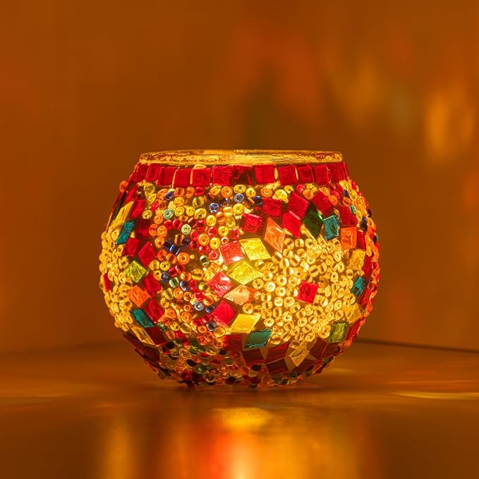 KAFTHAN Mosaic Glass Large Single Candle Holder - Round Bowl, Plant Pot, Votive Candle Holder - Decorative Vase & Unique Centerpiece for Wedding, Ball & Home - (3.7" x 3.5", Multicolor Star Circle)