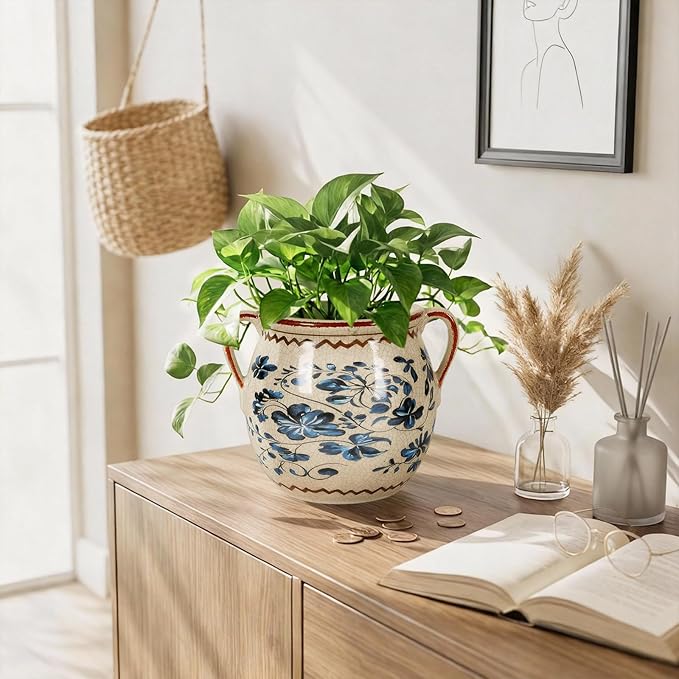BUYMAX Ceramic Plant Pots for Indoor Plants with Drainage Hole, Vintage Crackle Glaze Hand-Painted Blue Flower Planter with Handles, Small Decorative Hanging Planter