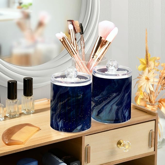 MNSRUU 2 Pack Qtip Holder Organizer Dispenser Beautiful Navy Blue Marble Bathroom Storage Canister Cotton Ball Holder Bathroom Containers for Cotton Swabs/Pads/Floss