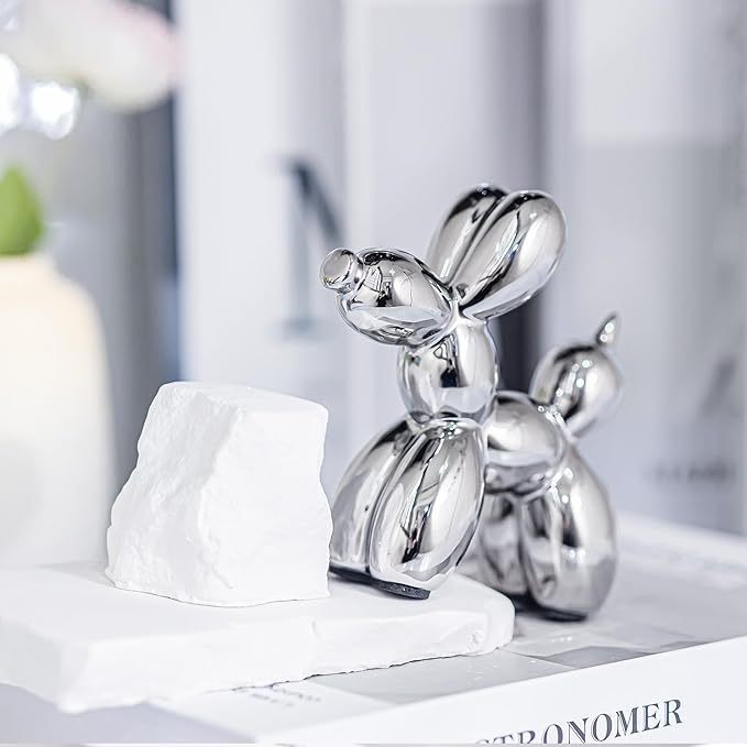 Creative Silver Balloon Dog Statues Small Ceramic Animal Sculpture Modern Home Decor Living Room Desktop Decorations Bedroom Office Cabinet Ornament (Silver)