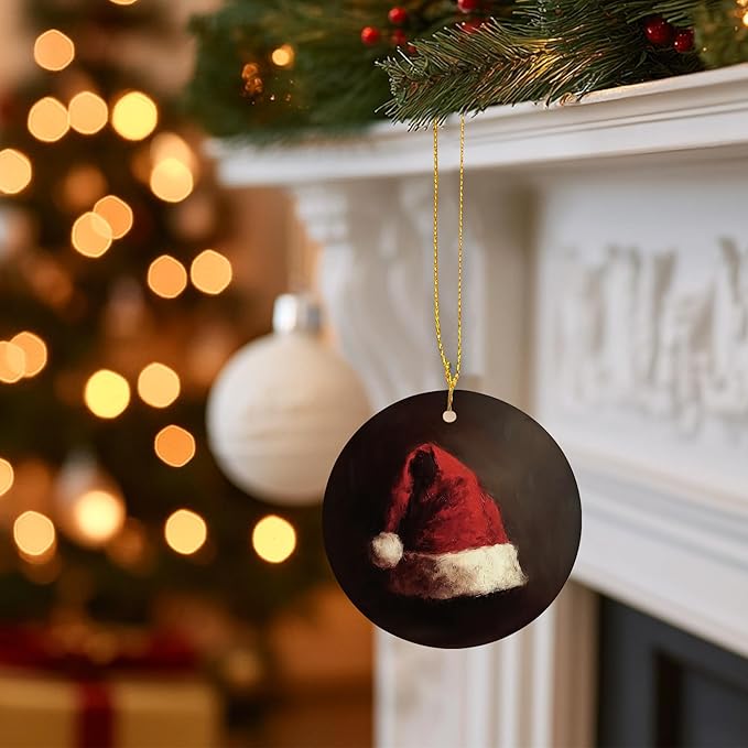 Rustic Christmas Santa Hat Ceramic Ornament Gifts, Winter Dark Moody Christmas Xmas Tree Decorative Hanging Ornaments for Holiday Party Decoration, Winter Xmas Tree Decorations
