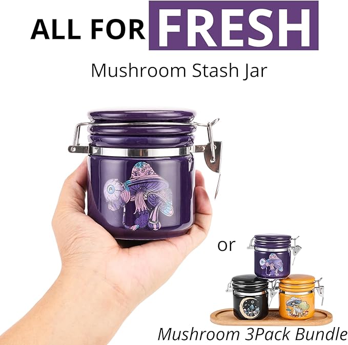 Mushroom Smell Proof Container Half Oz (250ml), Separate Space for Humidity Pack To Keep Herbs Fresh For Months - Cute Girly Stash Jar, Smell Proof Case Airtight Storage Holder Accessories - Purple