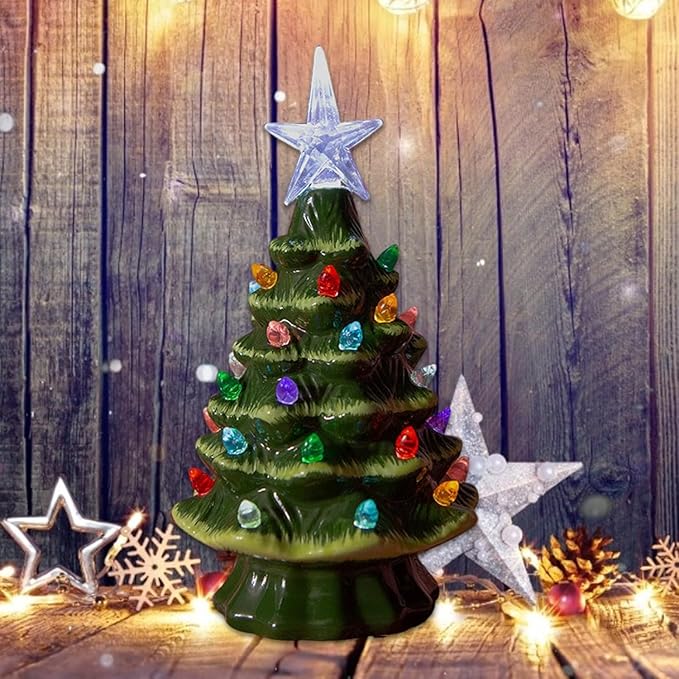 Small Resin Christmas Tree Decor, Tabletop Christmas Tree Star Topper, Holiday Decoration with 40 Multi-Color Lights, Xmas Fall Decorations for Home (Green-White)