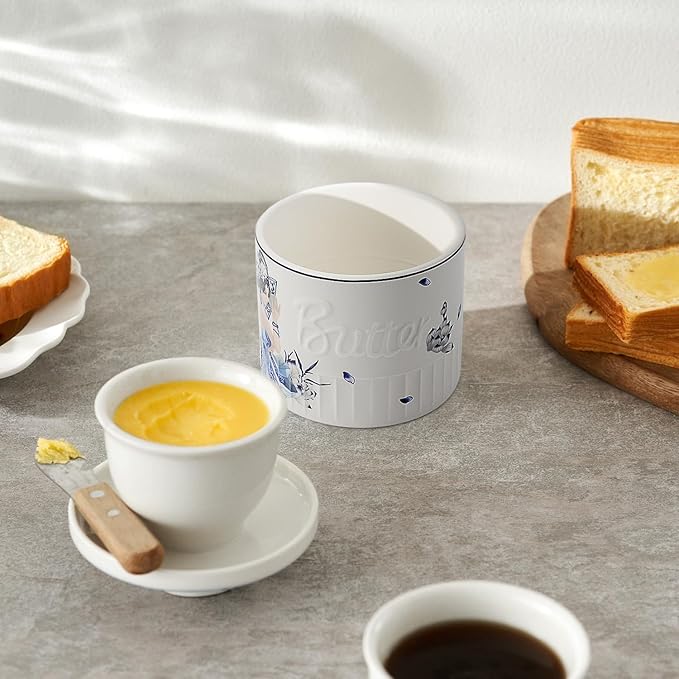 Toptier Butter Crock for Counter With Water Line, On Demand Spreadable Butter, Ceramic Butter Keeper to Leave On Counter, French Butter Dish with Lid, (Blue and White Beauty)