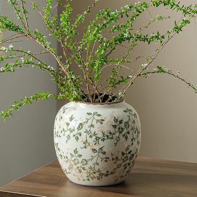 Vintage Green and Beige Round Pastoral Vase, Round Ceramic Floral Vases, Retro Ice Cracked Chinoiserie Vase for Home Decor, Living Room, Bookshelf, Office, Rustic Table Centerpiece 6.7 Inch