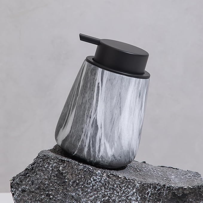 12Oz Foaming Hand Soap Dispenser - Ceramic Bathroom Foam Soap Dispenser with Easy-to-Press Black Pump, Refillable Lotion Hand Dispenser, Dish Soap Dispensers for Kitchen, Marble Grey