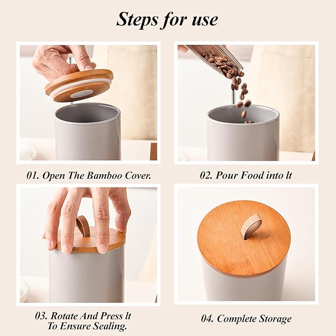 Gray Ceramic Canister Set of 2 with Bamboo Lids, Wooden Stand & Spoons – 35oz & 28oz Airtight Food Storage Jars for Coffee, Sugar, Tea, Kitchen Counter Organizer