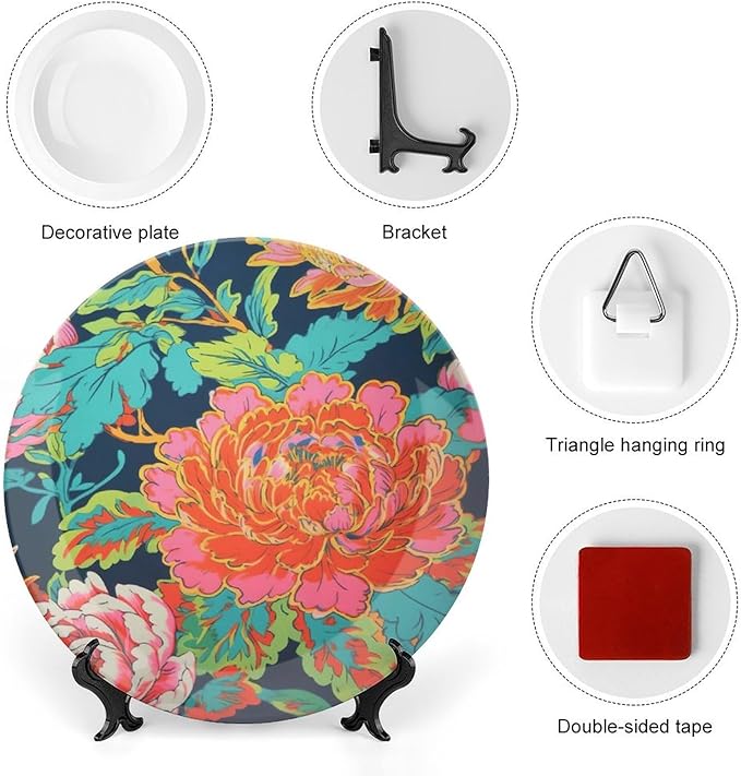 Red Chinoiserie Peony Floral Ceramic Decorative Plate for Display Peony Chinoiserie Kitchen Wedding Supplies Club Home Holiday Party Decorations Personalized Gifts for Men Women Christmas