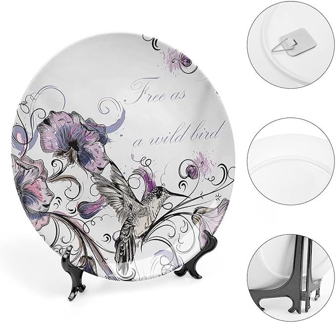 XISUNYA 6 Inch Decorative Plate, Hummingbird Dinner Plate, Flowers Leaves Bird and Classic Print Ceramic Wall Hanging Decor Accessory for Dining Table Tabletop Home Decor