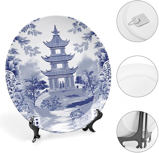 Chinoiserie Blue Asian Pagoda Ceramic Decorative Plate for Display Festival Art Decoration Supplies Home Wedding Holiday Party Decorations Customize Gifts for Men Women Anniversary, 6", 7", 9", 10"