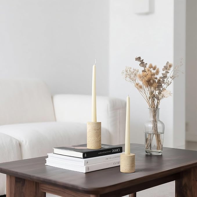 WORHE Candle Holders True Natural Marble Set of 2 Decorative Candlestick Holder for Table Centerpieces Home Dinning Party Wedding Birthday Premium Candles Stand for 3/4 inch Candles Beige (ZT017R)