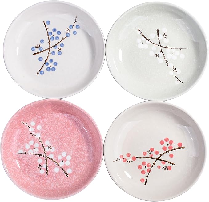 Set of 4 Japanese-Style Ceramic Plates – 7 Inch Asian-Inspired Dinner Plates with 4 Unique Patterns, Microwave & Dishwasher Safe, Handcrafted Artisan Designs, Elegant Tableware for Home Dining & Gifts