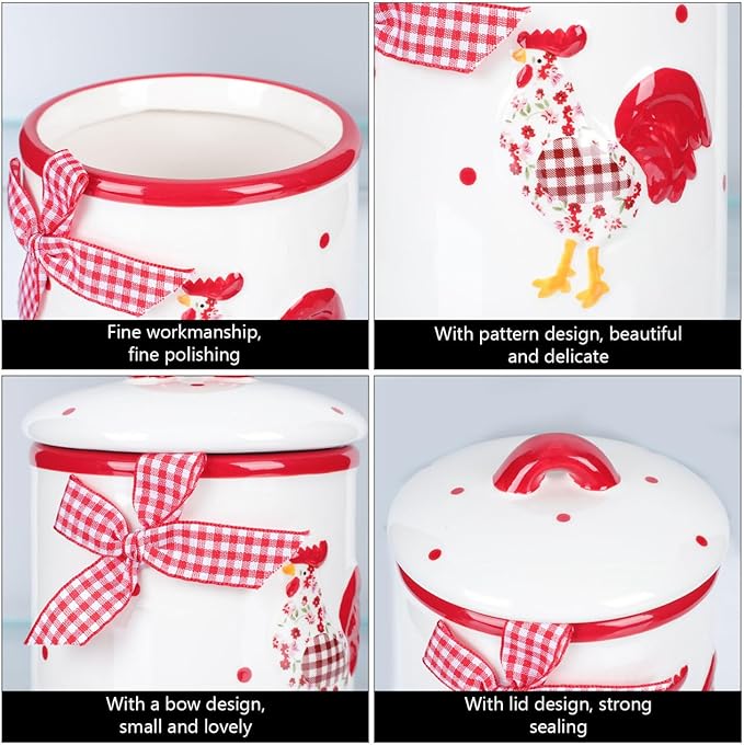 Angoily Ceramic Food Storage Jar Canister Red Flower Chicken Pattern Food Canisters with Lid Condiment Pot for Coffee Bean Cookies Loose Tea Spice Nuts Snacks Storage Jar