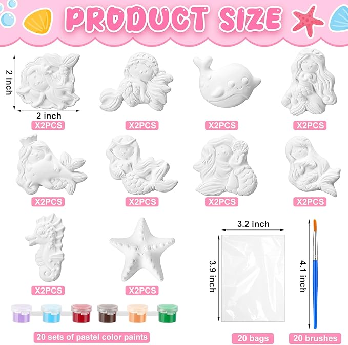 Simgoing 20 Set Mermaid Ceramic Painting Kit DIY Ceramic to Paint Your Own Mermaid Figurines Unpainted Plaster Arts and Craft for Adults Holiday Birthday Party Favors