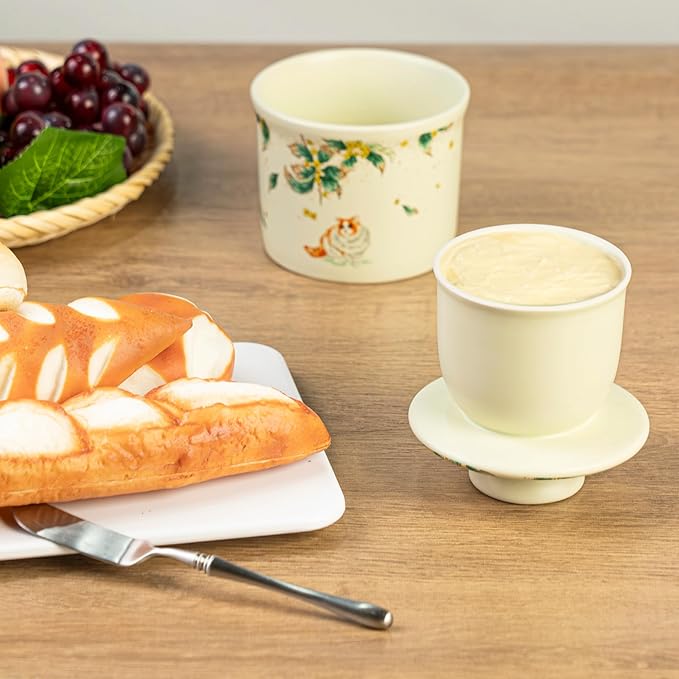 Stoneware Butter Crock with Lid, Ceramic Butter Dish with Water Line, Countertop Butter Keeper, Butter Holder for Countertop, Warm Ivory