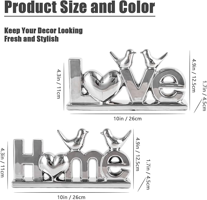 Ceramic Love & Home Sign Decor with Bird Statues Set 2,10" Modern Silver Tabletop Sculptures for TV Stand,Floating Shelf & Entryway,Romantic Wedding & Warm Housewarming Gift Set (Silver)