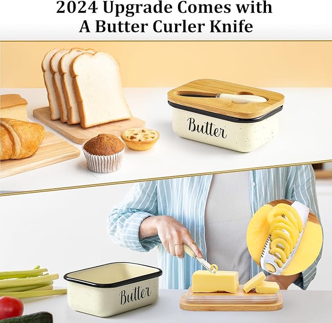 LANDNEOO Butter Dish with Lid and Butter Curler Knife, Unbreakable Metal Keeper Container Double Silicone Sealing, Speckled White, 6.2'L x 4.2' W x 2.2' H, 2 Sticks Capacity, Stainless Steel, Bamboo