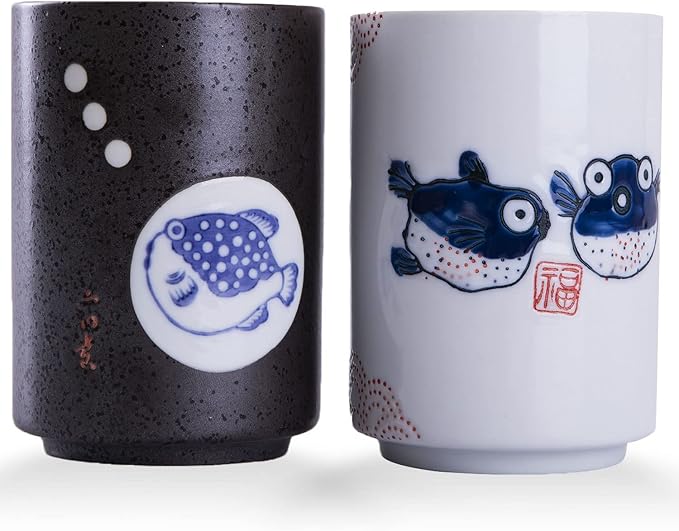 WHJY 10oz Transitional Chinese/Japanese style Handle-less Ceramic Tea cups teacup, Puffer Pattern Set of 2