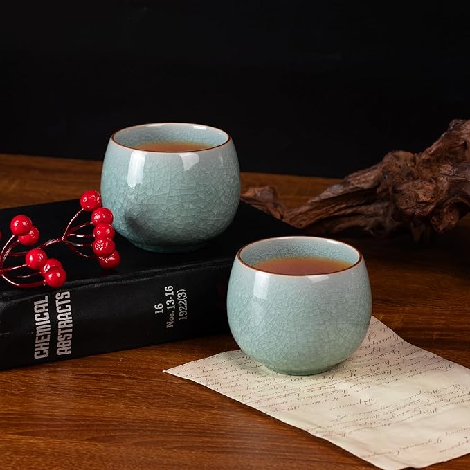 Tea Cup Set of 2 Porcelain Small Tea Cups 5oz Japanese Tea Cup Set, Asian Handmade Ceramic Teacups for Home, Party, Office, Chinese Kung Fu Tea Set for Hot/Cold Drink（Egg-Ice Crackle Glaze Pattern）