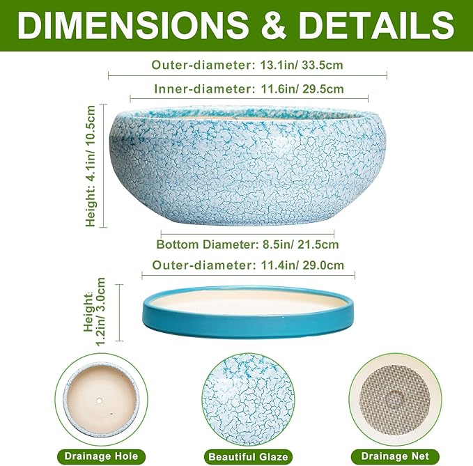 Bonsai Pots - 13 Inch Ceramic Succulent Pots with Drainage Hole and Tray, Large Succulent Planter Indoor Outdoor, Round Planter, Shallow Plant Pot, House Decor, Gifts for Plant Lover, Blue