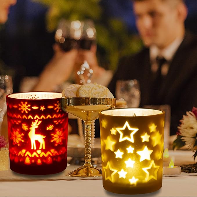 Rancco Tealight Candle Holders for Christmas, 3 Color Indoor Xmas Decor Tea Light Candle Jar for Centerpieces & Party Decoration, Votive Candle Holders w/Elk, Christmas Tree, Stars Designs,3.3x2.6in