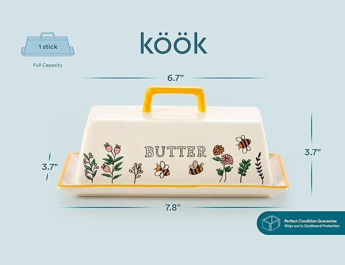 Kook Ceramic Butter Dish with Lid, Kitchen Countertop Butter Keeper, Serving Tray with Cover, Storage Container, Holds 1 Stick, Microwave and Dishwasher Safe, Meadow